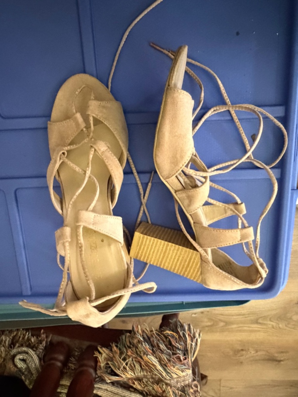 Shoe Dazzle Beige Lace-Up Block Heel Sandals
